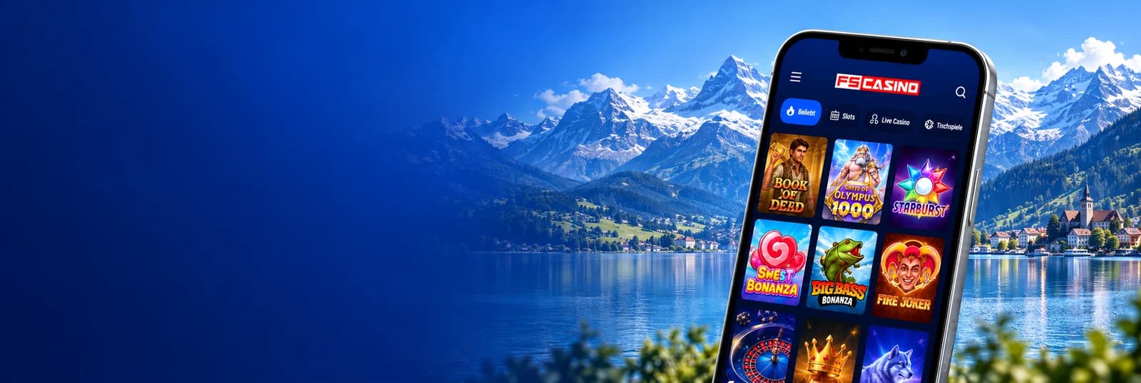 FS Casino auf einem Smartphone vor einem Schweizer Alpenpanorama